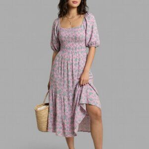 UO Odila Strappy Back Midi Dress Smocked Back Milkmaid Size Large Coquette